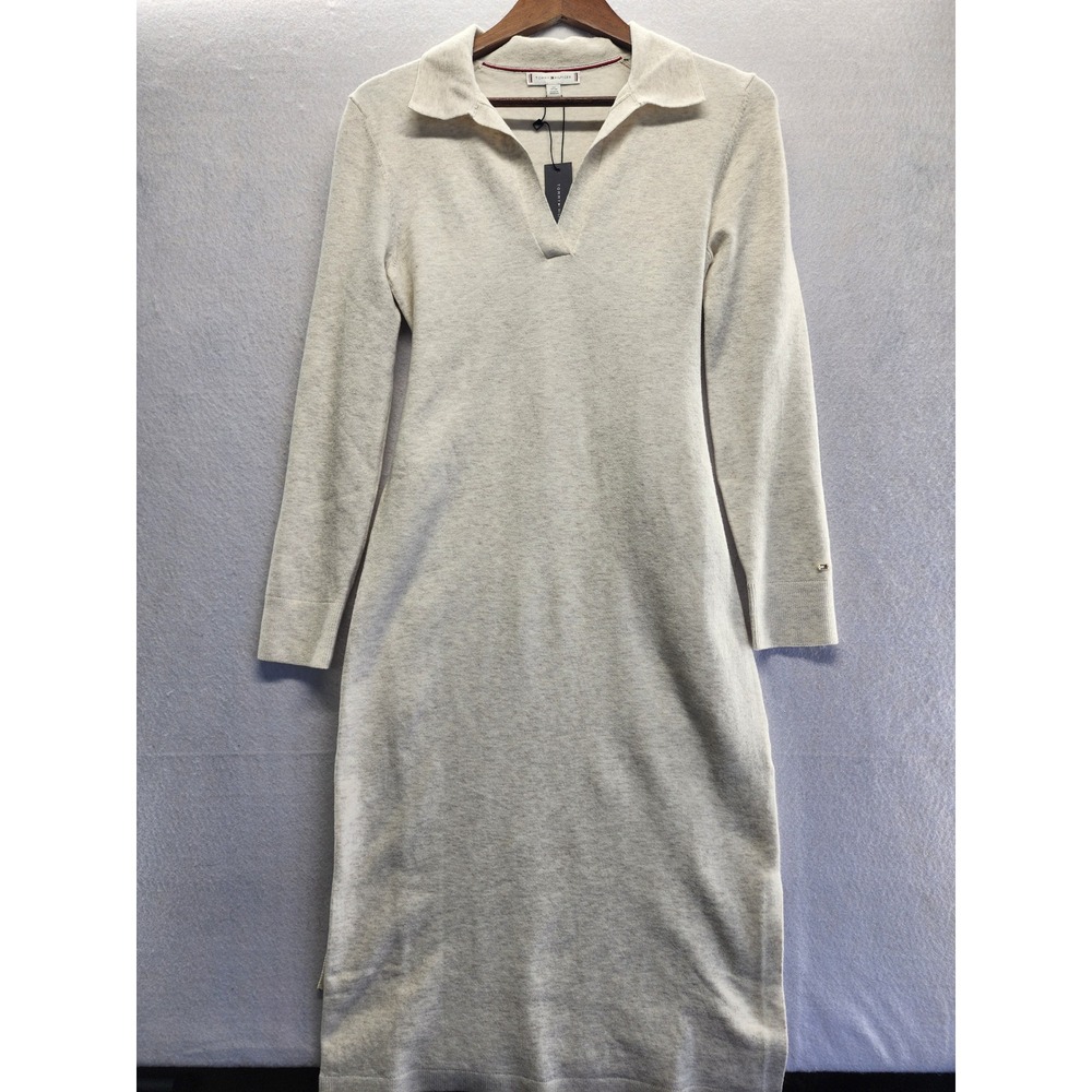 Tommy Hilfiger Heather Beige Collared V-Neck Long Sleeve Sweater Midi Dress XS - Picture 5 of 12